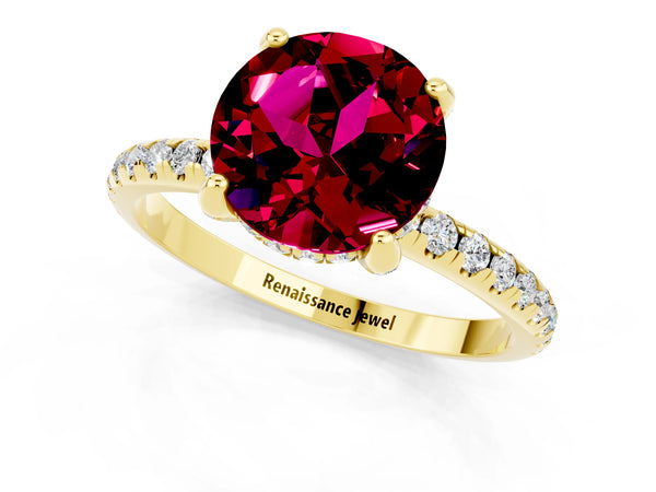 Yellow gold Round Cut Garnet Hidden Halo Engagement Ring with Round Pavé Band and Prong Setting