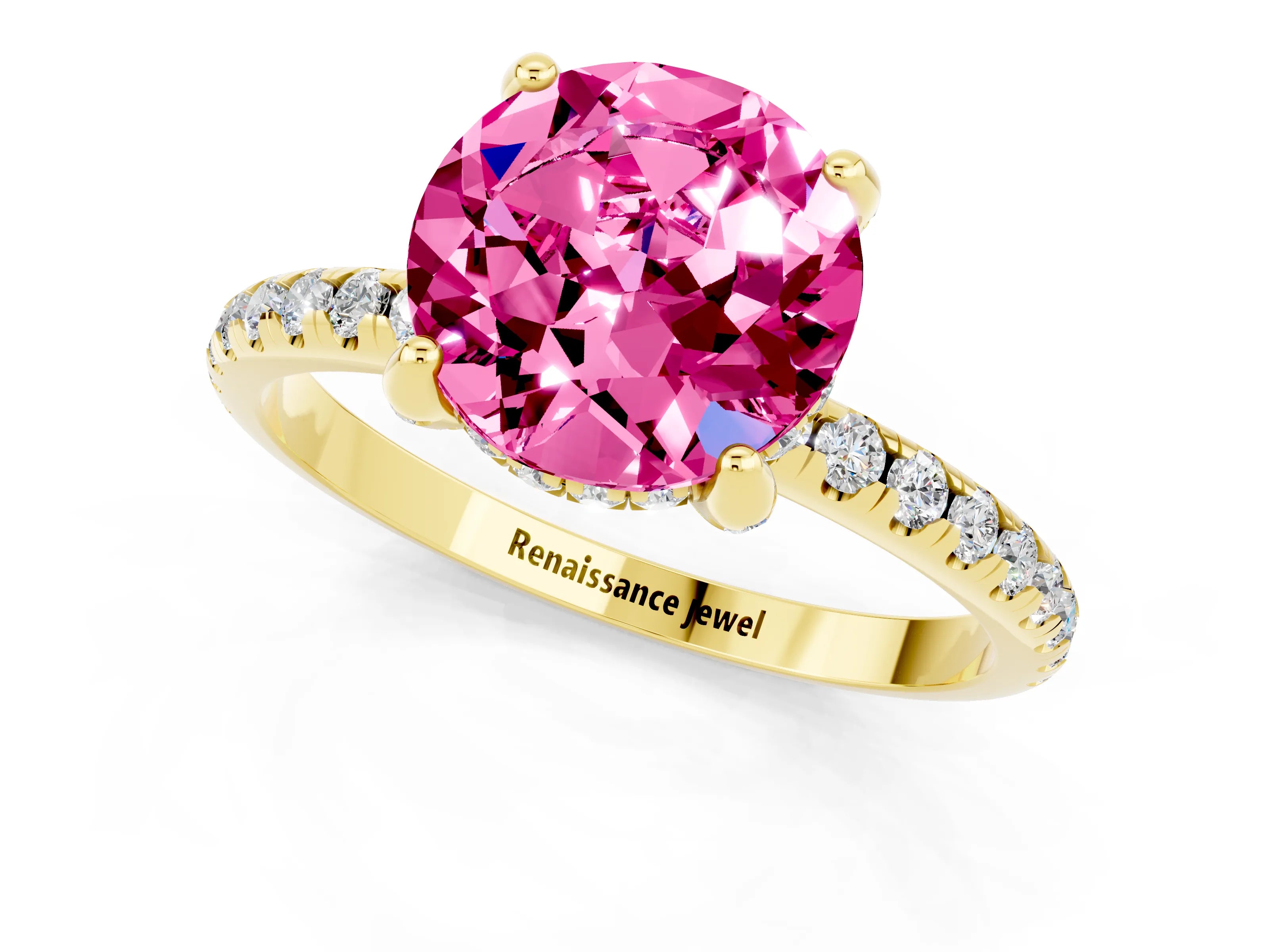 Yellow gold Round Cut Diamond Solitaire Ring with Four-Prong Setting and Pavé Band_1