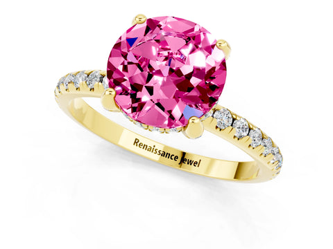 Yellow gold Round Cut Diamond Solitaire Ring with Four-Prong Setting and Pavé Band_1