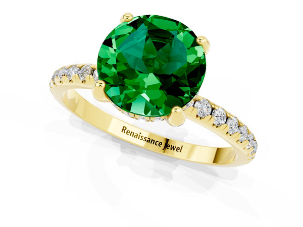 Yellow gold Round Cut Emerald Hidden Halo Engagement Ring with Round Pavé Band and Prong Setting