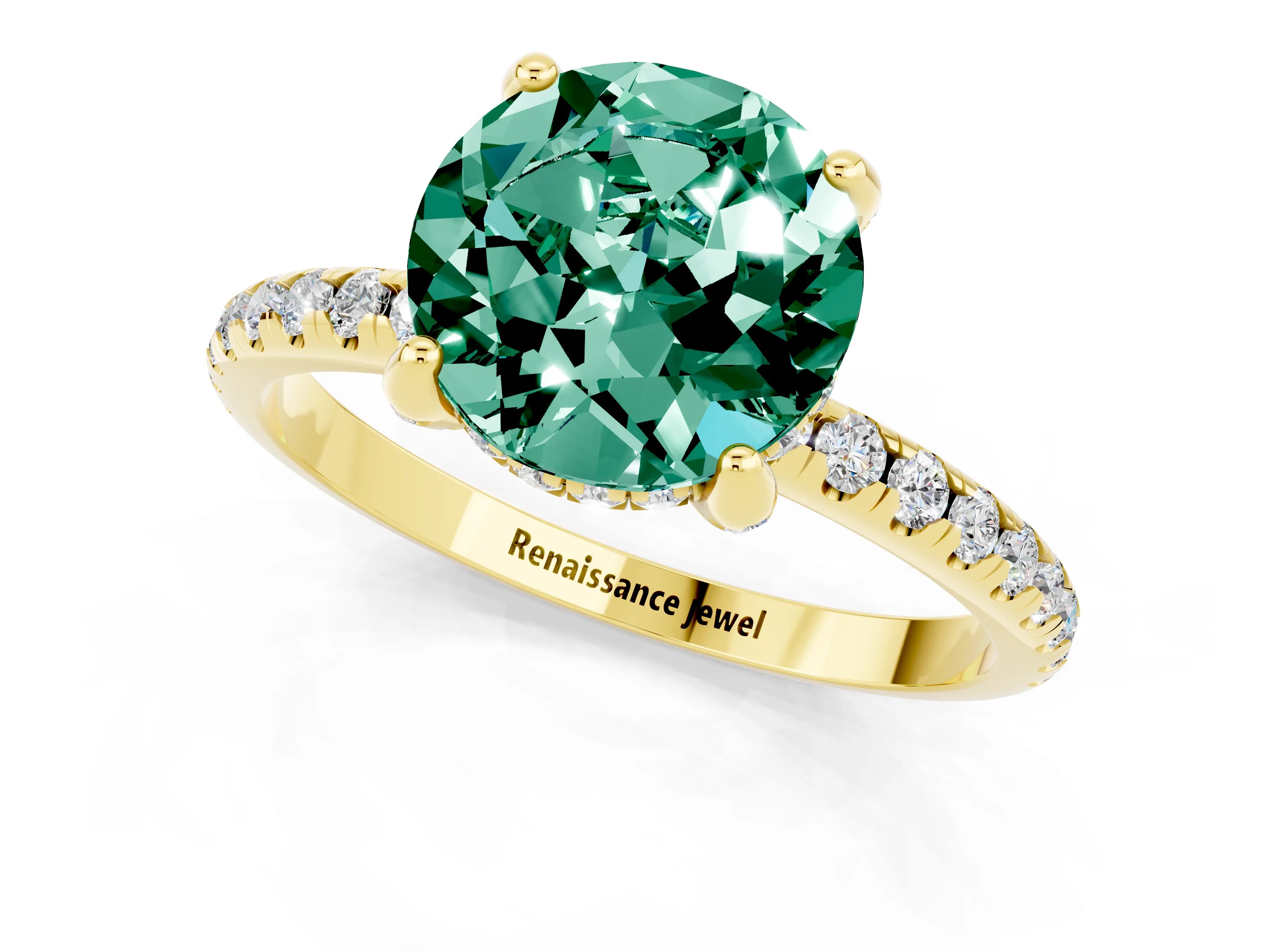 Yellow gold Round Cut Diamond Solitaire Ring with Four-Prong Setting and Pavé Band_1