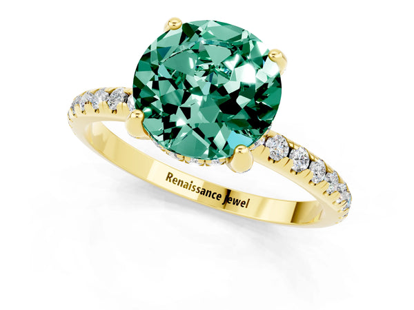 Yellow gold Round Cut Green Sapphire Hidden Halo Engagement Ring with Round Pavé Band and Prong Setting