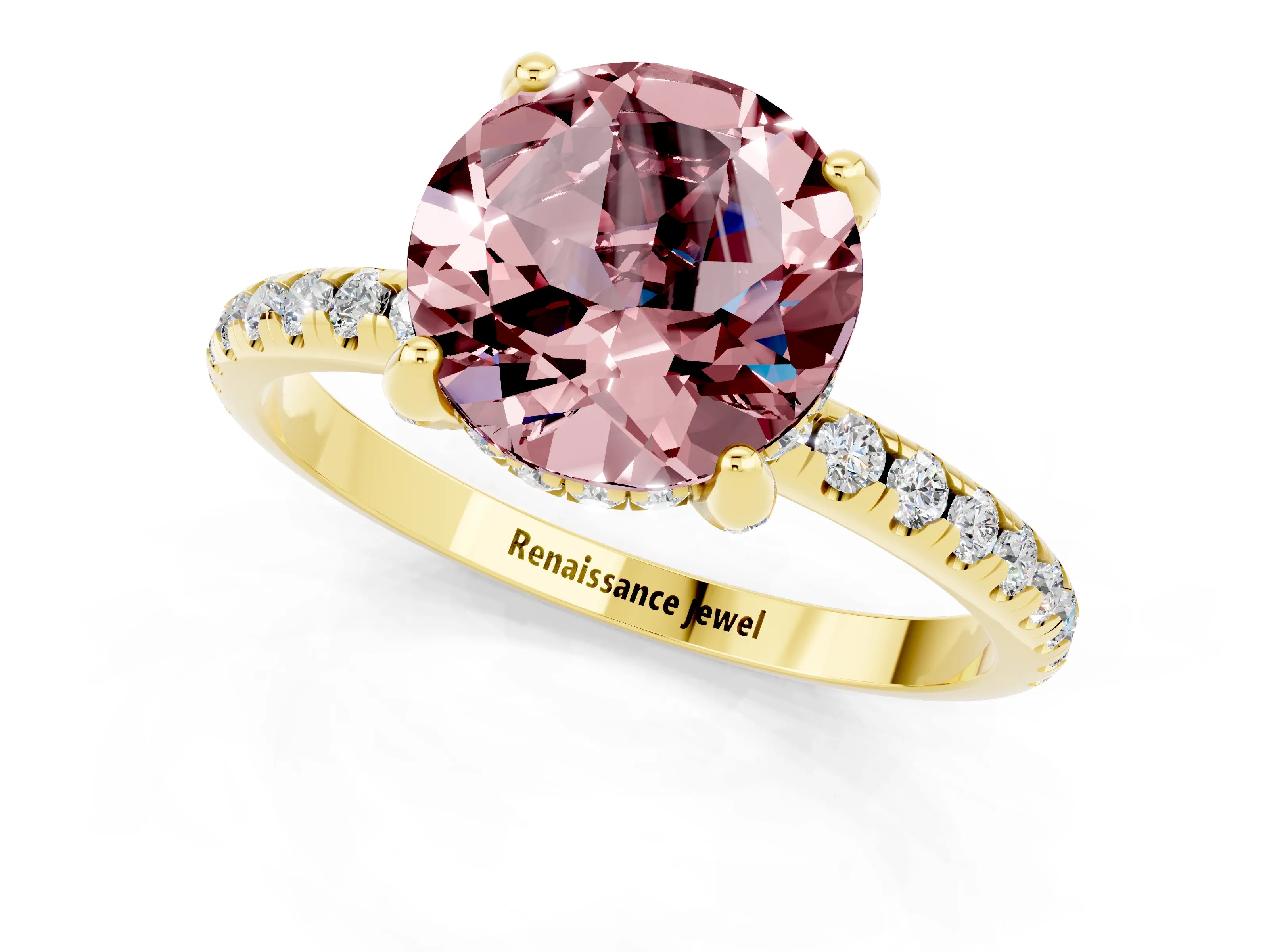 Yellow gold Round Cut Diamond Solitaire Ring with Four-Prong Setting and Pavé Band_1