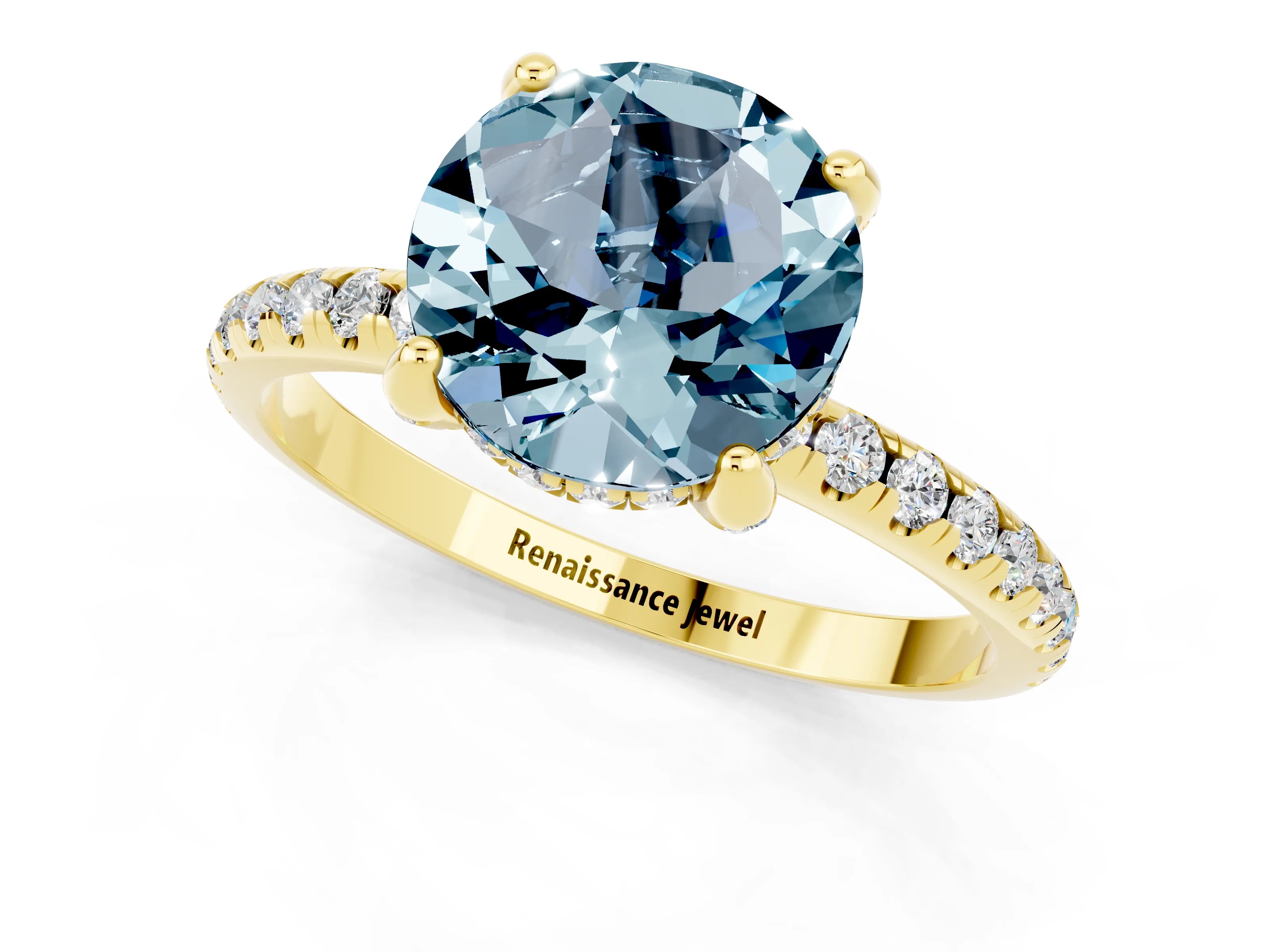 Yellow gold Round Cut Diamond Solitaire Ring with Four-Prong Setting and Pavé Band_1