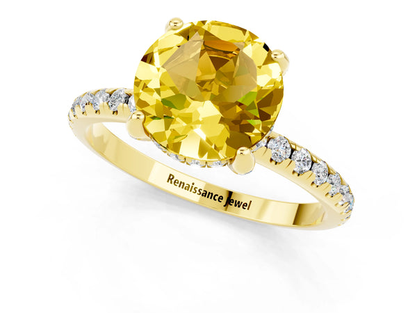 Yellow gold Round Cut Yellow Sapphire Hidden Halo Engagement Ring with Round Pavé Band and Prong Setting