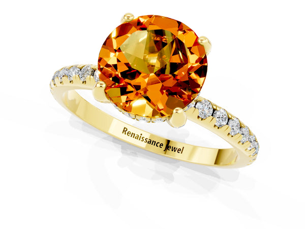 Yellow gold Round Cut Citrine Hidden Halo Engagement Ring with Round Pavé Band and Prong Setting