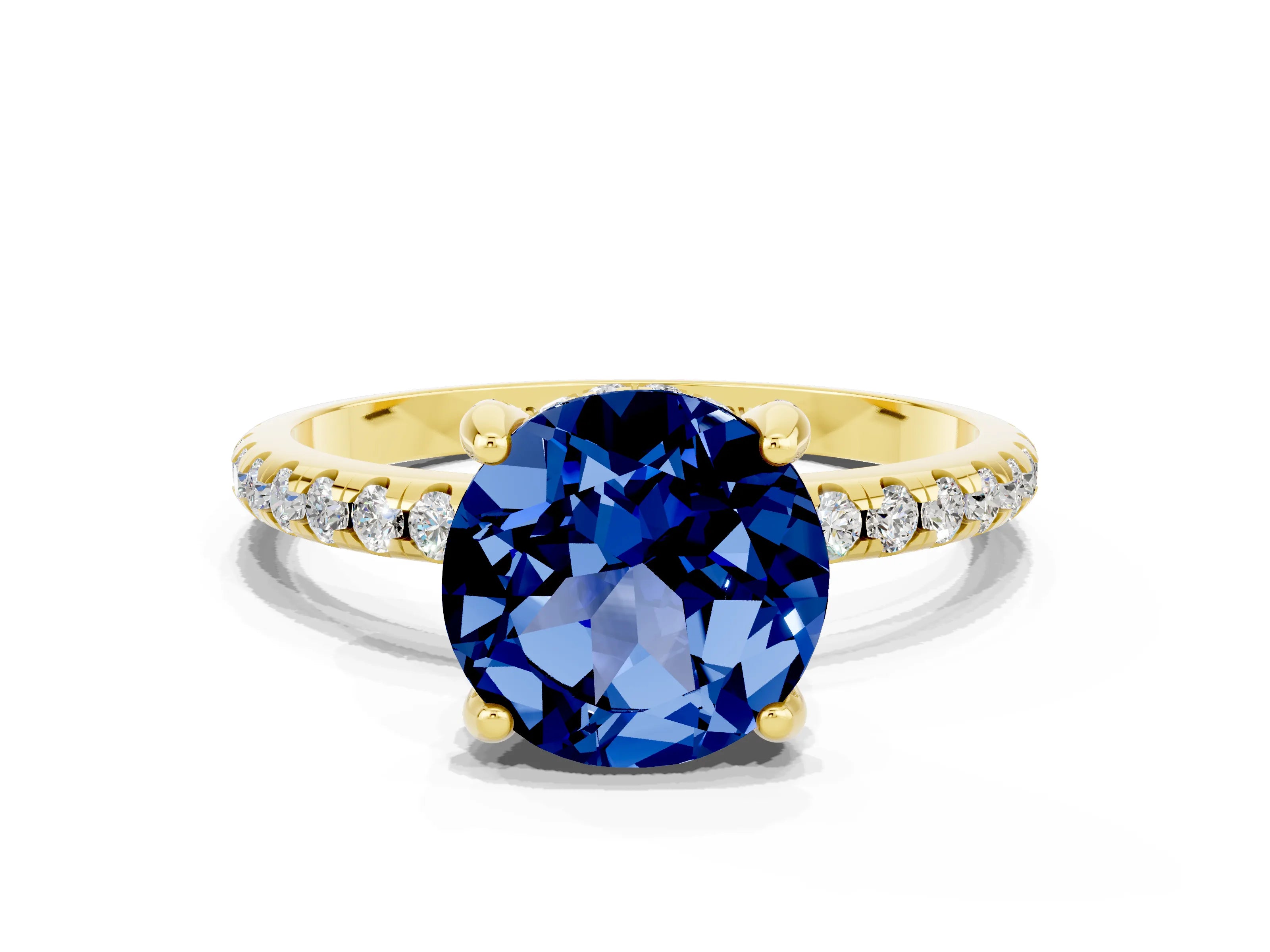 Yellow gold Round Cut Diamond Solitaire Ring with Four-Prong Setting and Pavé Band