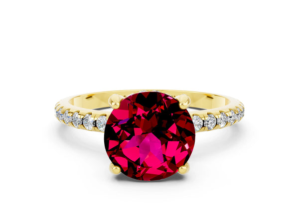 Yellow gold Round Cut Garnet Hidden Halo Engagement Ring with Round Pavé Band and Prong Setting