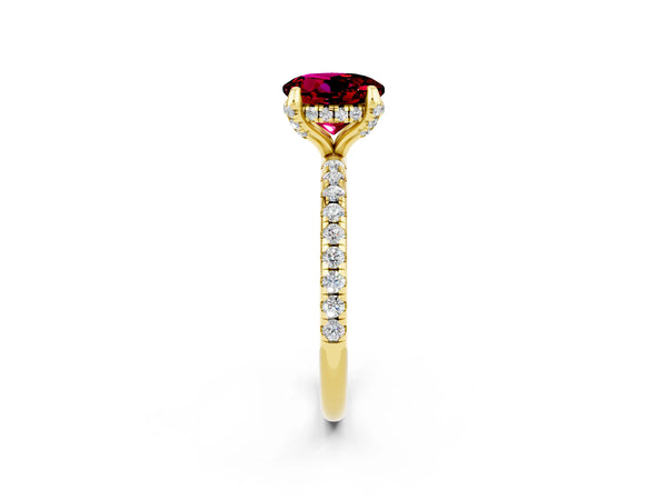 Yellow gold Round Cut Garnet Hidden Halo Engagement Ring with Round Pavé Band and Prong Setting