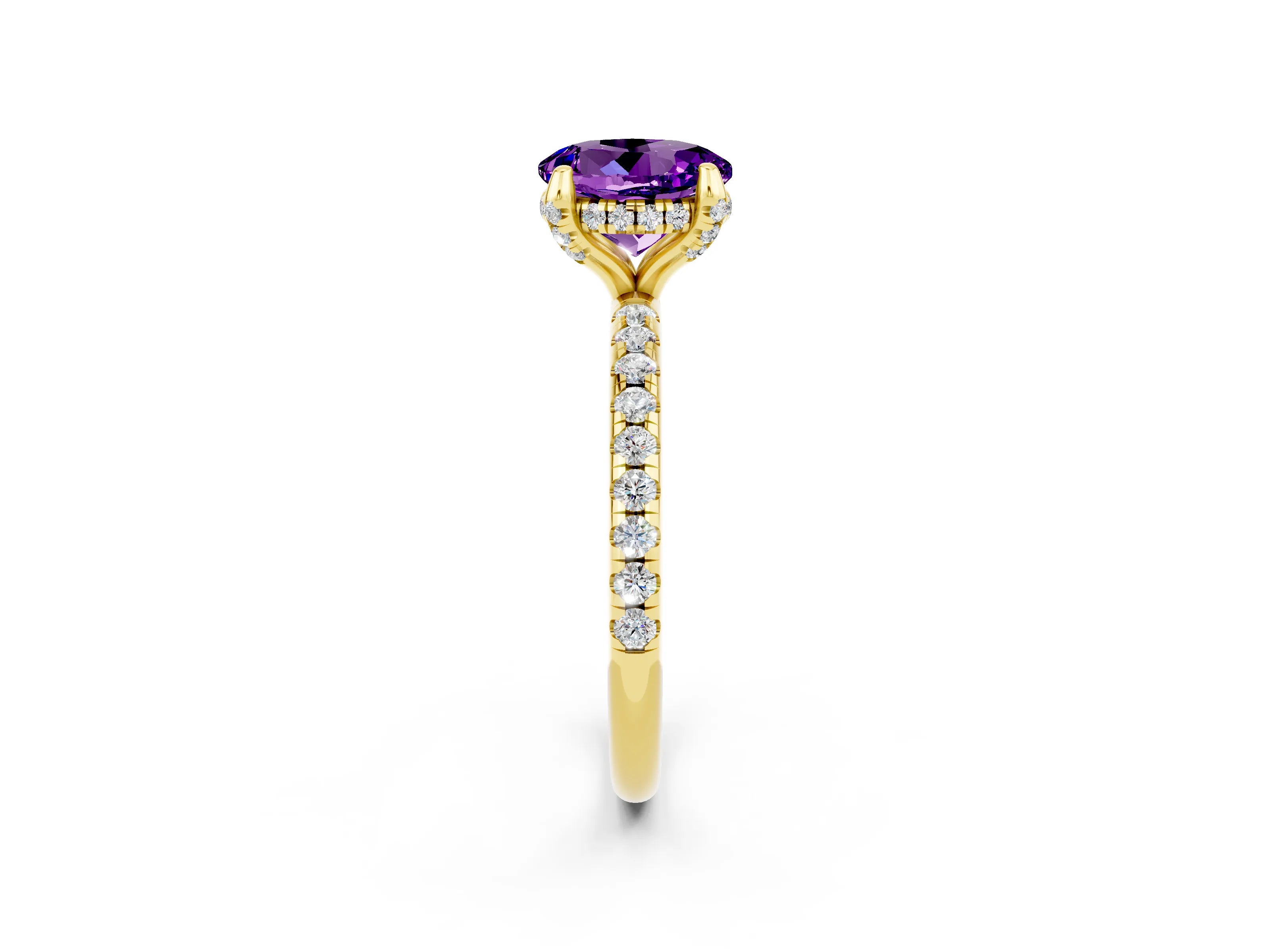 Yellow gold Round Cut Diamond Solitaire Ring with Four-Prong Setting and Pavé Band_2
