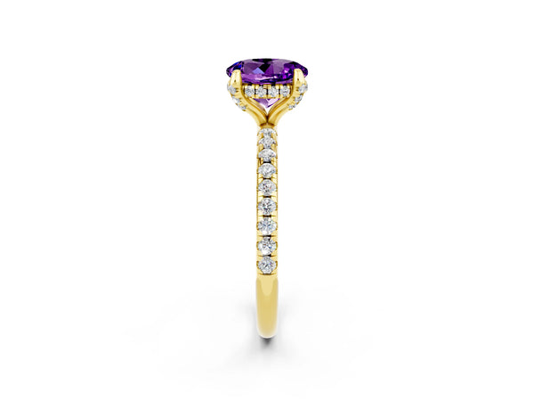 Yellow gold Round Cut Amethyst Hidden Halo Engagement Ring with Round Pavé Band and Prong Setting