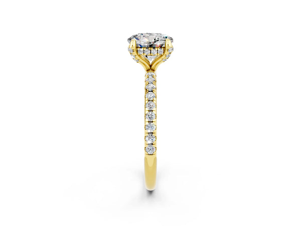 Yellow gold Round Cut Moissanite Hidden Halo Engagement Ring with Round Pavé Band and Prong Setting
