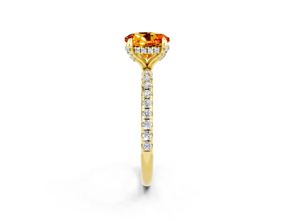 Yellow gold Round Cut Citrine Hidden Halo Engagement Ring with Round Pavé Band and Prong Setting