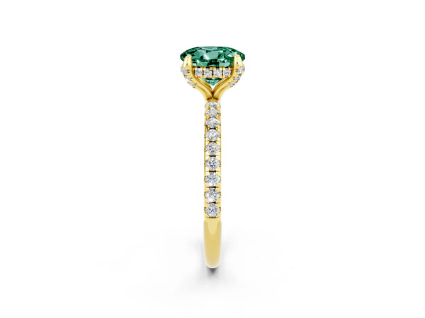 Yellow gold Round Cut Green Sapphire Hidden Halo Engagement Ring with Round Pavé Band and Prong Setting
