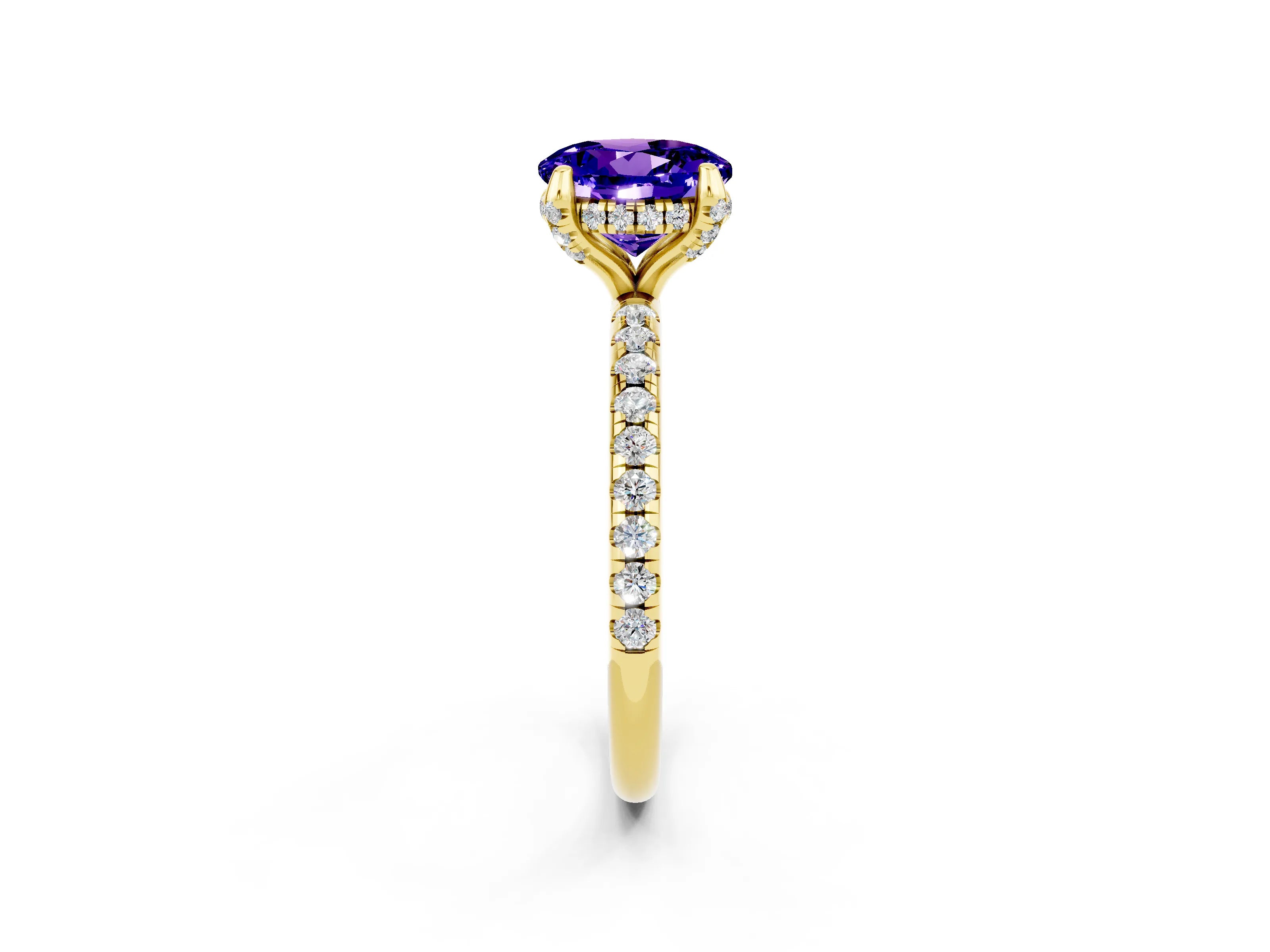 Yellow gold Round Cut Diamond Solitaire Ring with Four-Prong Setting and Pavé Band_2