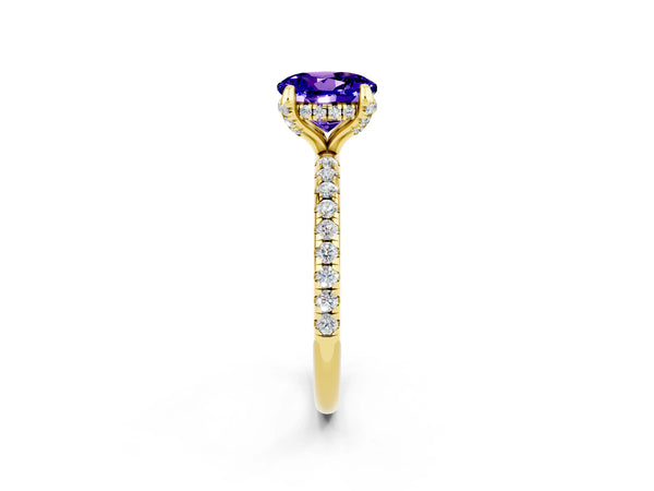 Yellow gold Round Cut Tanzanite Hidden Halo Engagement Ring with Round Pavé Band and Prong Setting