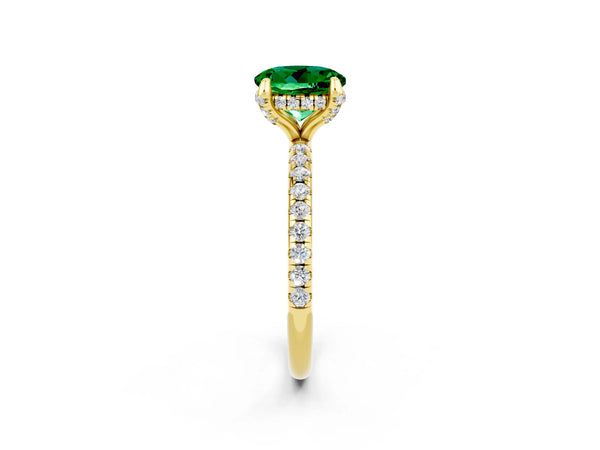 Yellow gold Round Cut Emerald Hidden Halo Engagement Ring with Round Pavé Band and Prong Setting
