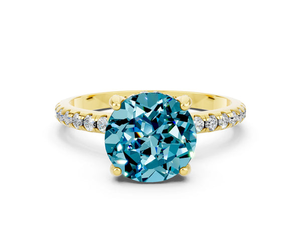 Yellow gold Round Cut Diamond Solitaire Ring with Four-Prong Setting and Pavé Band