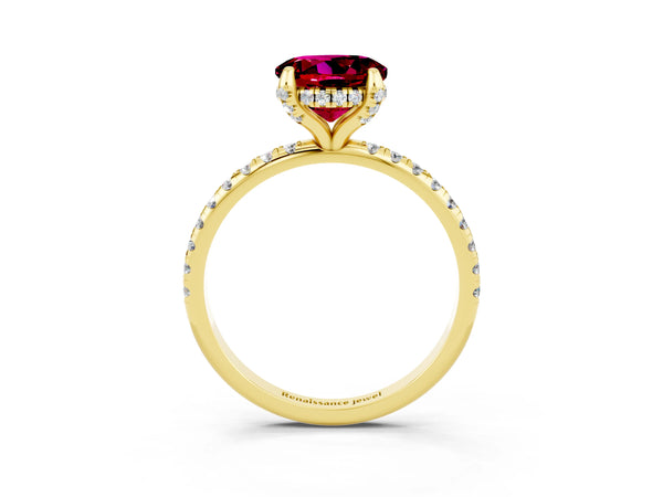 Yellow gold Round Cut Garnet Hidden Halo Engagement Ring with Round Pavé Band and Prong Setting