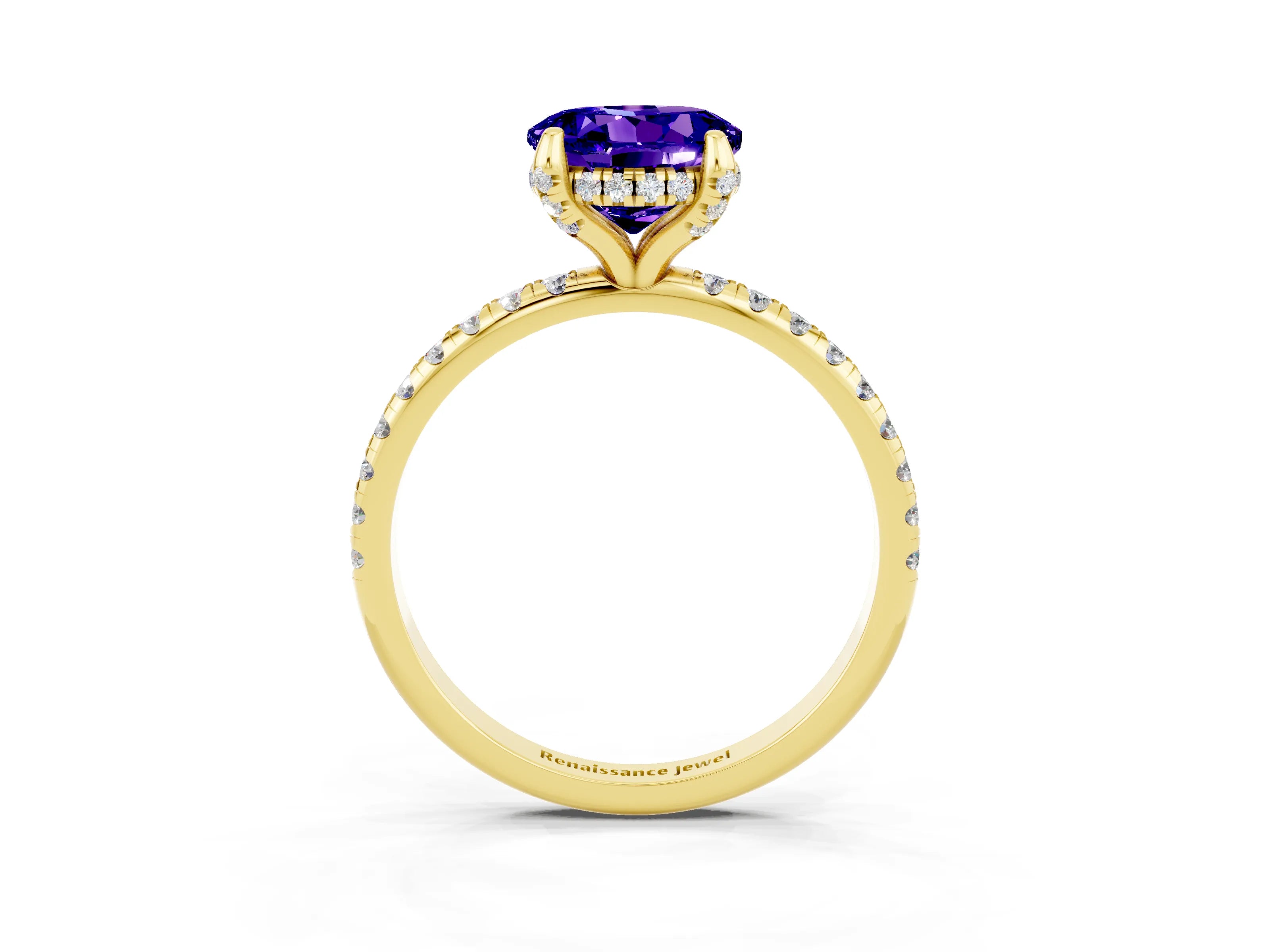 Yellow gold Round Cut Diamond Solitaire Ring with Four-Prong Setting and Pavé Band_3