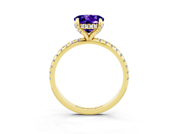 Yellow gold Round Cut Tanzanite Hidden Halo Engagement Ring with Round Pavé Band and Prong Setting