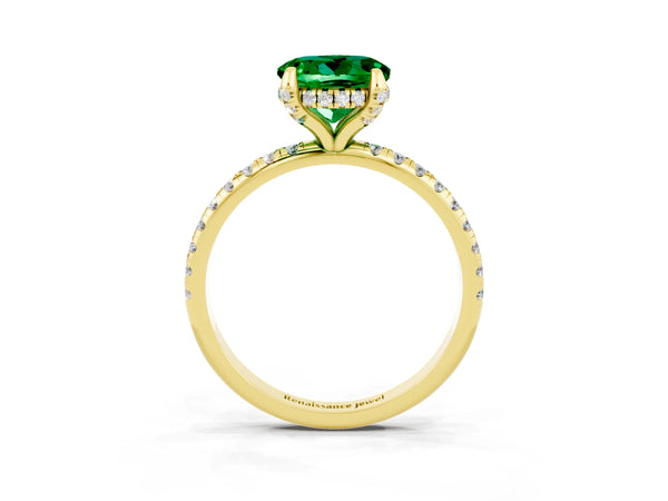 Yellow gold Round Cut Emerald Hidden Halo Engagement Ring with Round Pavé Band and Prong Setting