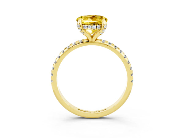 Yellow gold Round Cut Yellow Sapphire Hidden Halo Engagement Ring with Round Pavé Band and Prong Setting