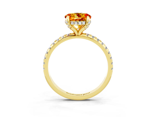 Yellow gold Round Cut Citrine Hidden Halo Engagement Ring with Round Pavé Band and Prong Setting