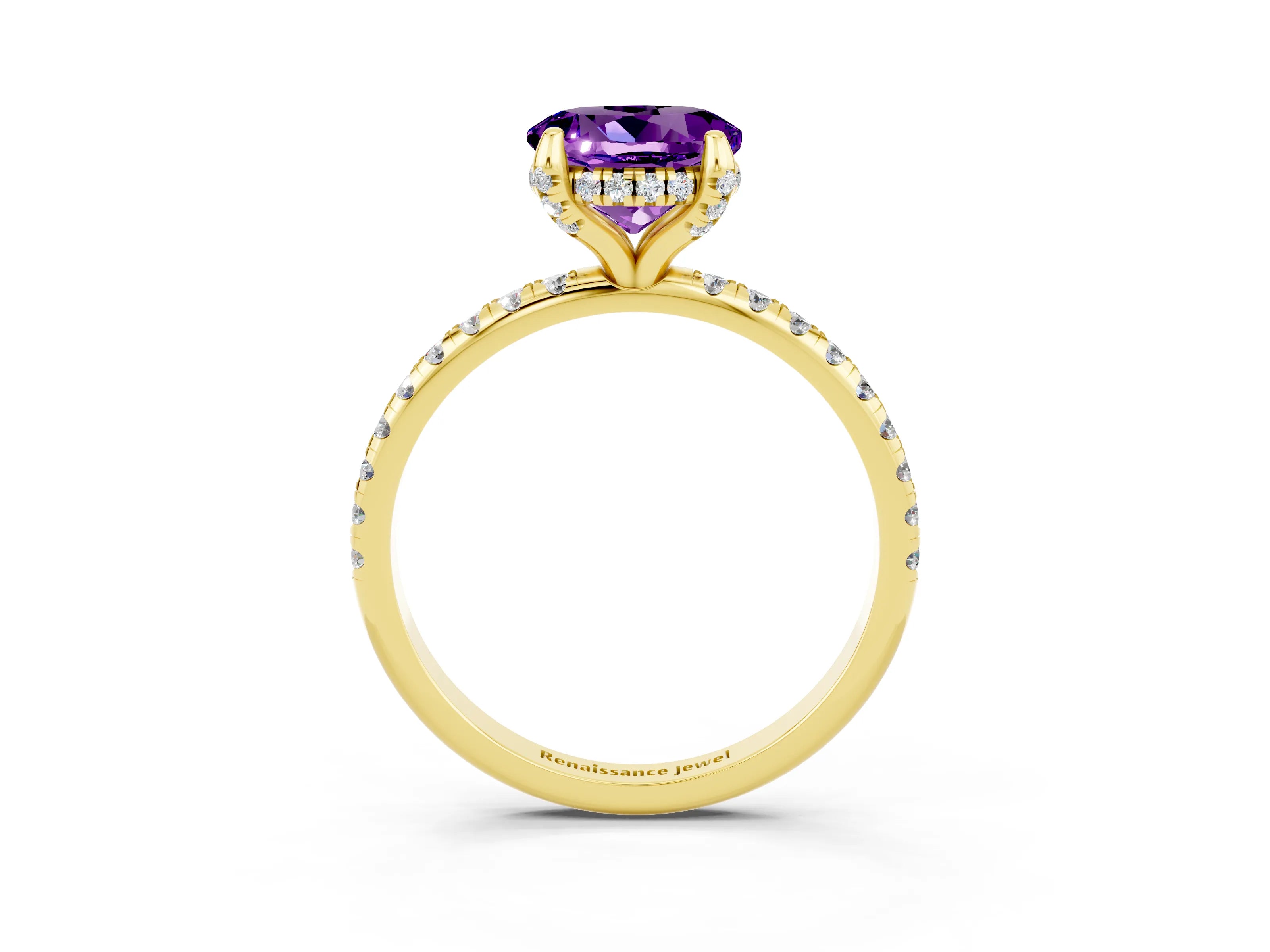 Yellow gold Round Cut Diamond Solitaire Ring with Four-Prong Setting and Pavé Band_3