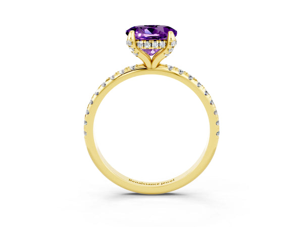Yellow gold Round Cut Amethyst Hidden Halo Engagement Ring with Round Pavé Band and Prong Setting