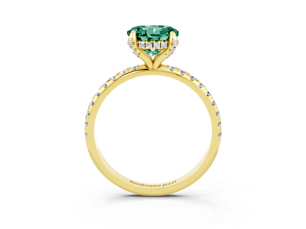 Yellow gold Round Cut Green Sapphire Hidden Halo Engagement Ring with Round Pavé Band and Prong Setting