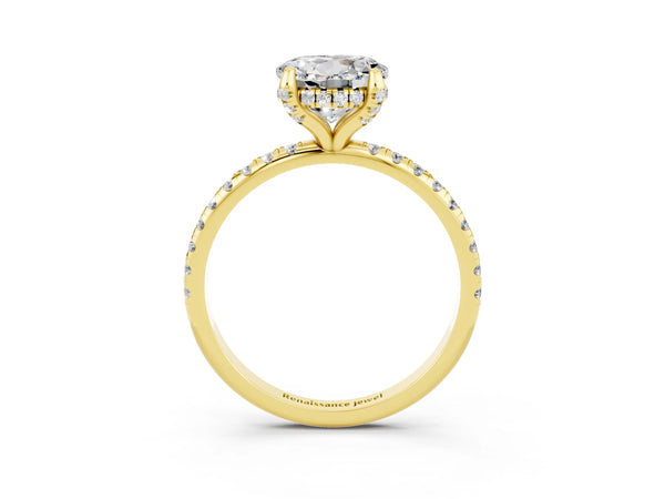 Yellow gold Round Cut Moissanite Hidden Halo Engagement Ring with Round Pavé Band and Prong Setting