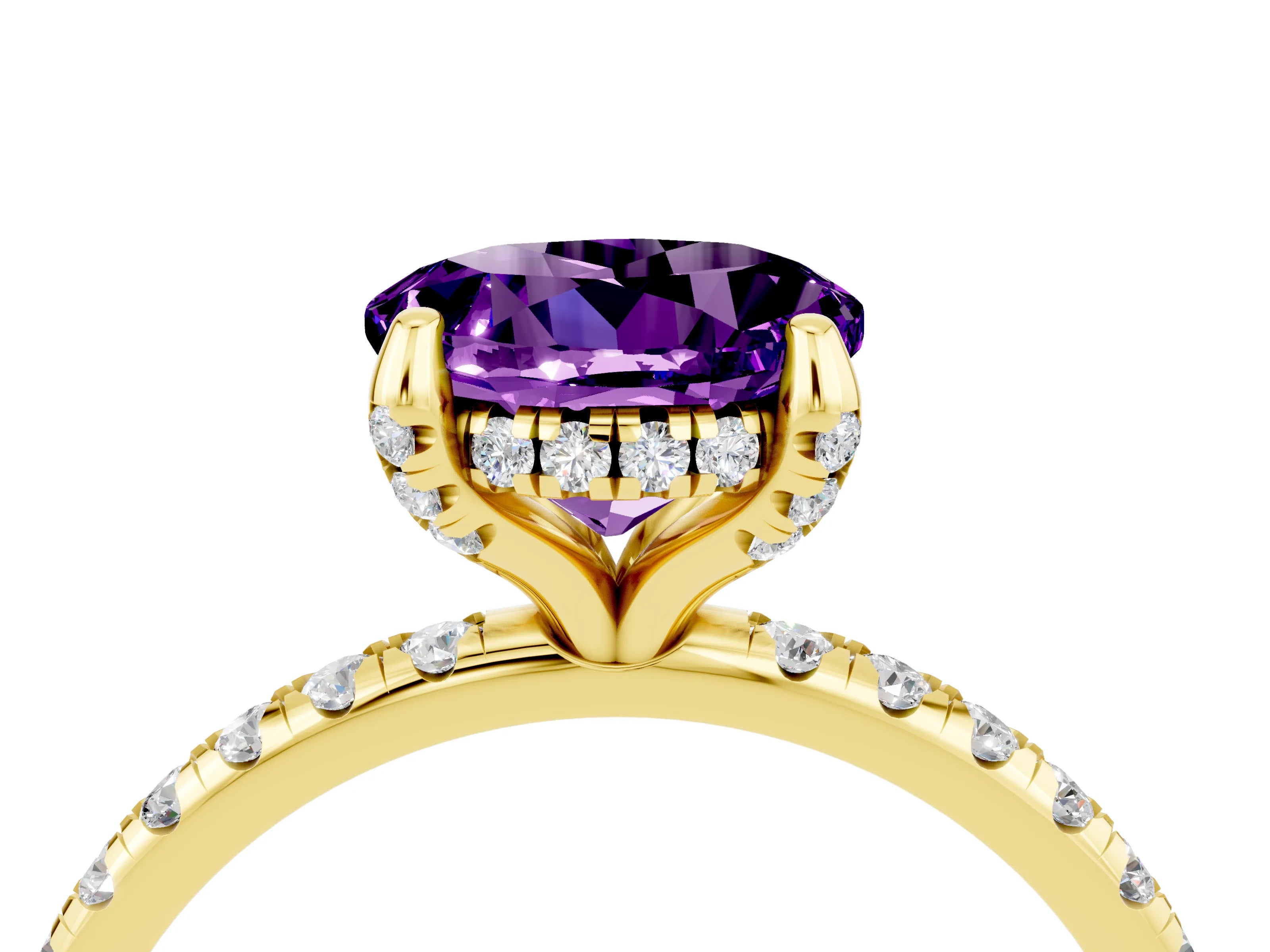 Yellow gold Round Cut Diamond Solitaire Ring with Four-Prong Setting and Pavé Band_4