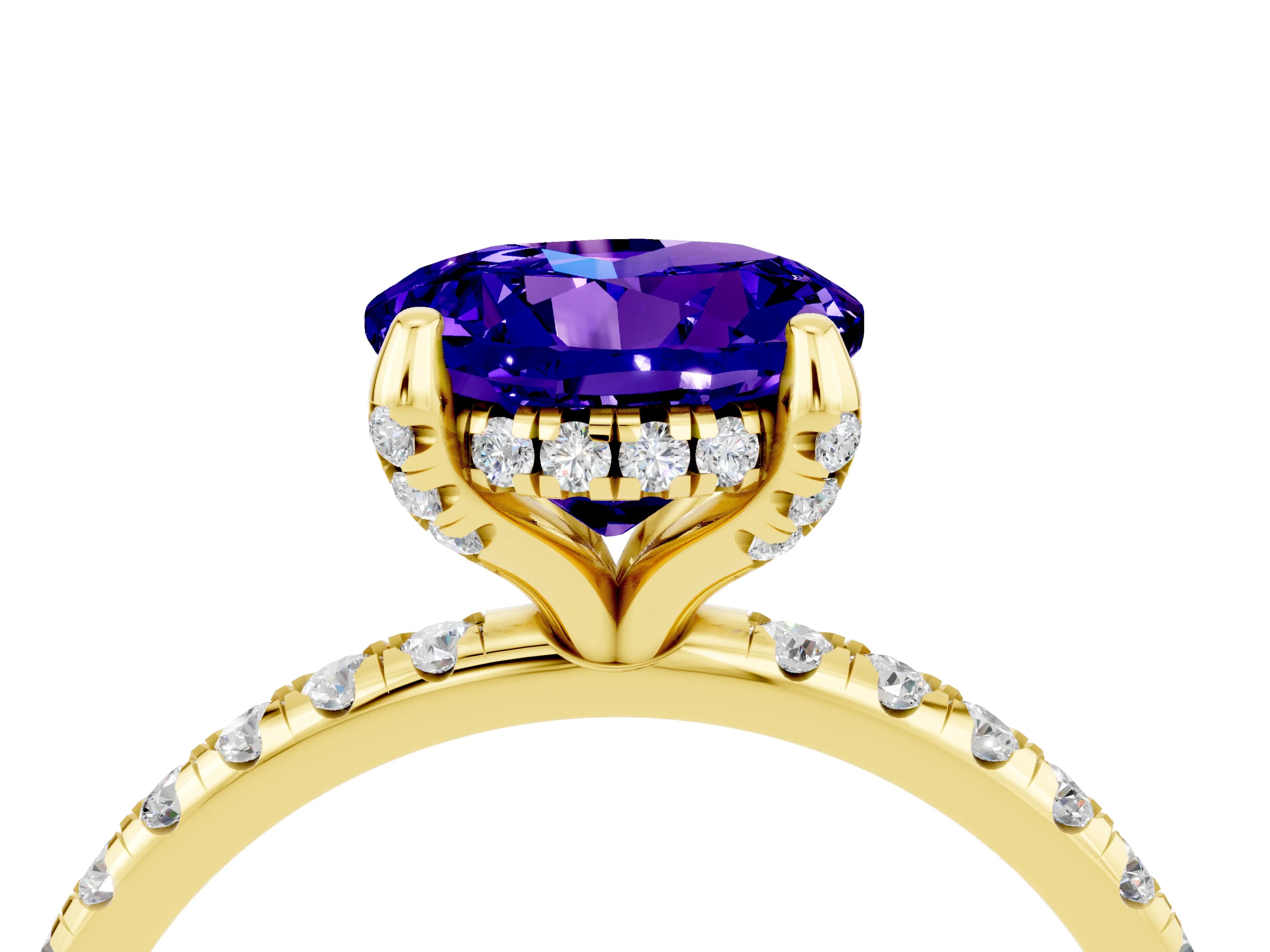 Yellow gold Round Cut Diamond Solitaire Ring with Four-Prong Setting and Pavé Band_4