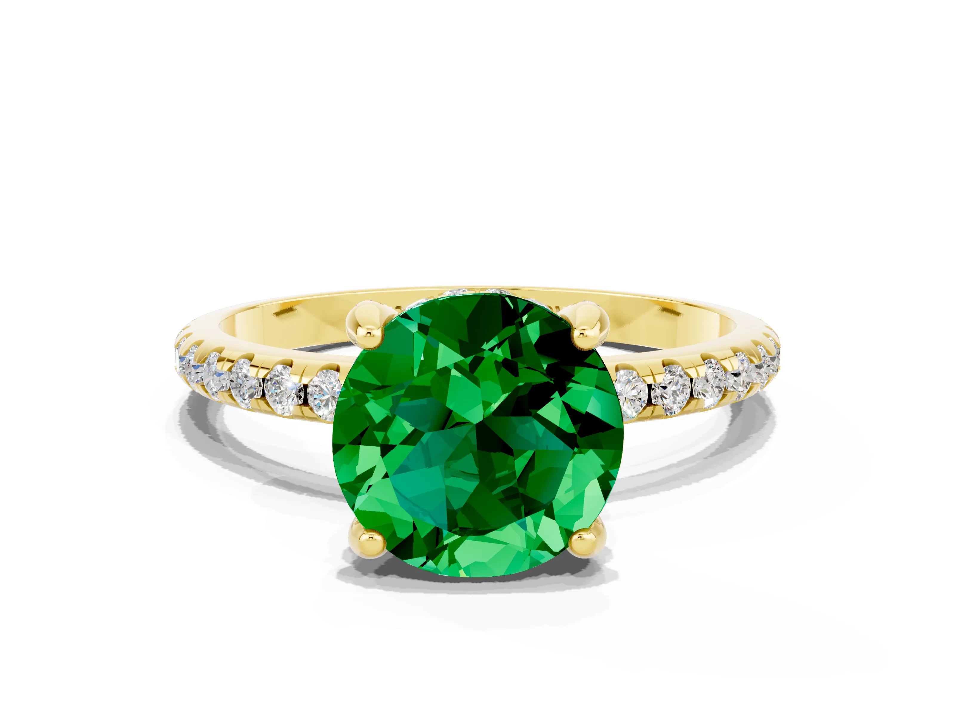 Yellow gold Round Cut Diamond Solitaire Ring with Four-Prong Setting and Pavé Band