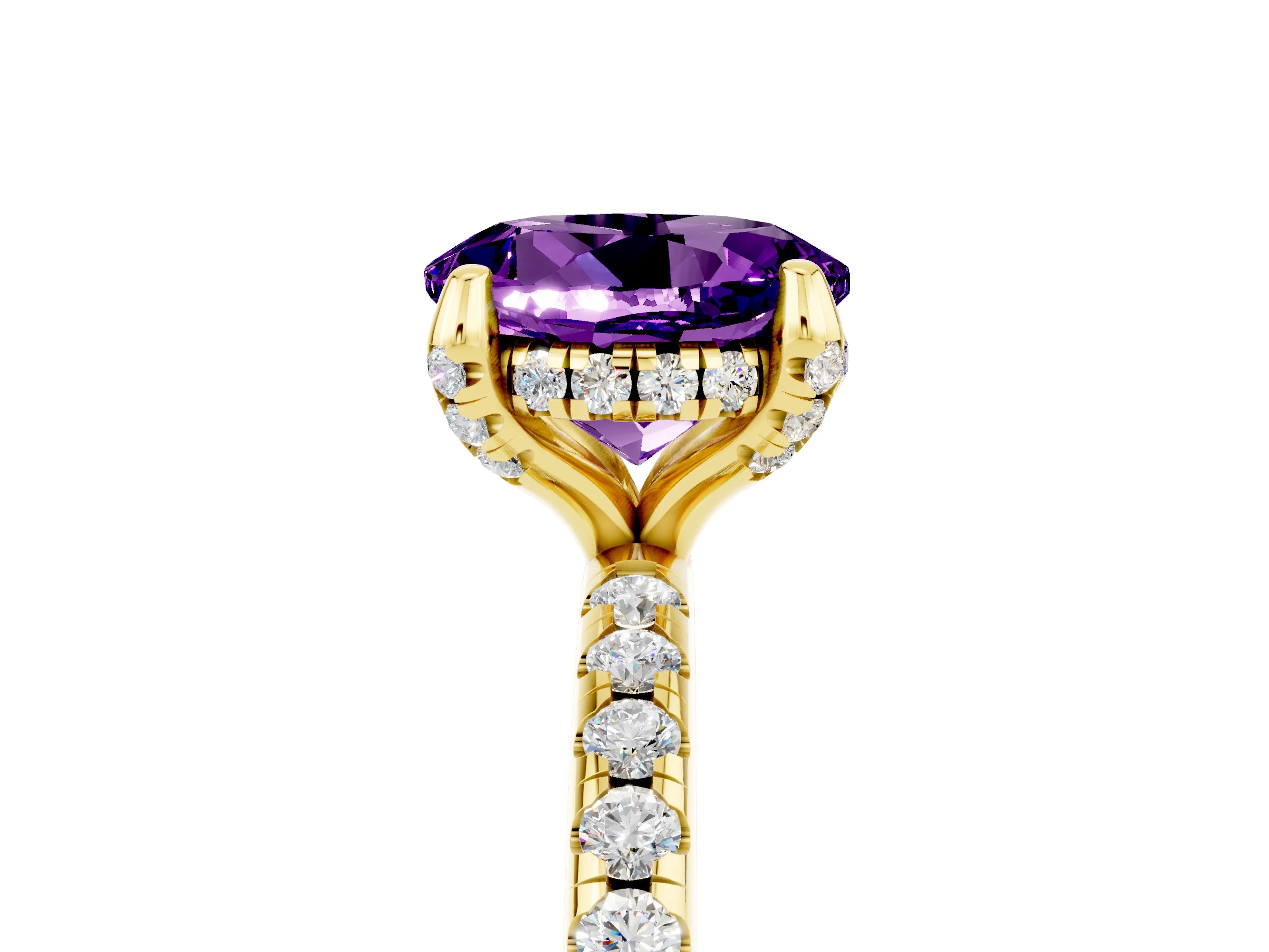 Yellow gold Round Cut Diamond Solitaire Ring with Four-Prong Setting and Pavé Band_5