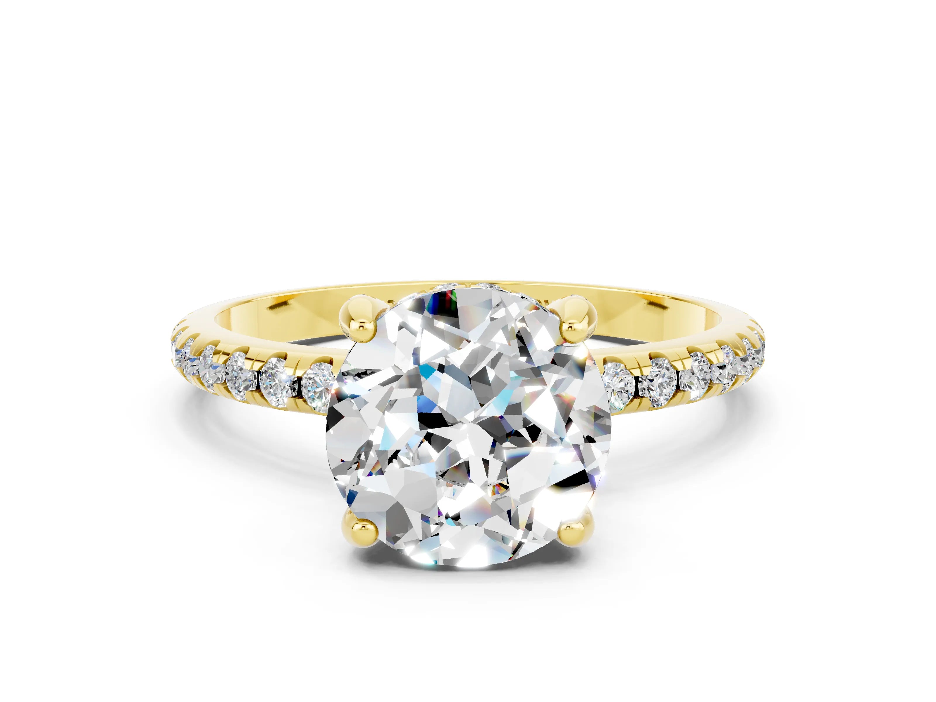 Yellow gold Round Cut Diamond Solitaire Ring with Four-Prong Setting and Pavé Band