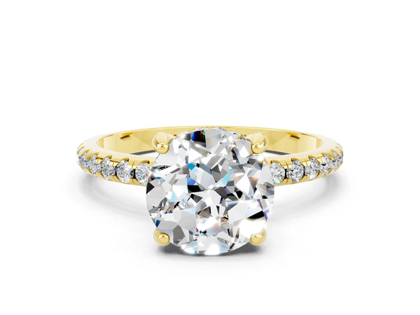 Yellow gold Round Cut Moissanite Hidden Halo Engagement Ring with Round Pavé Band and Prong Setting