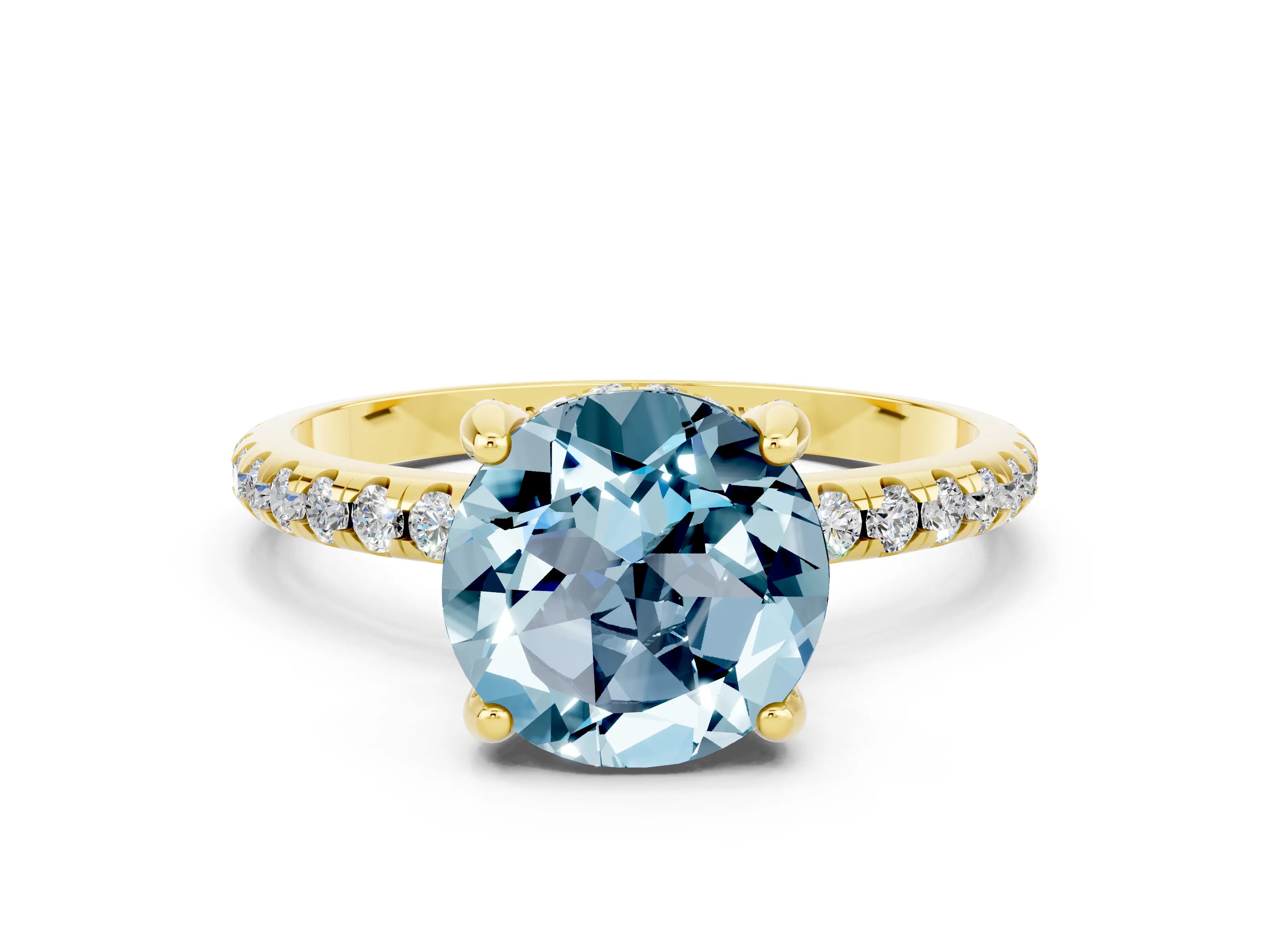 Yellow gold Round Cut Diamond Solitaire Ring with Four-Prong Setting and Pavé Band