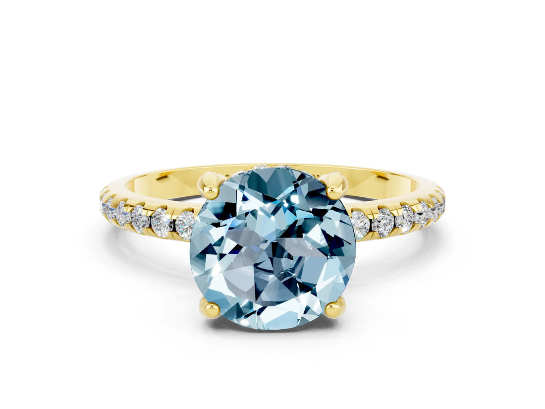 Yellow gold Round Cut Diamond Solitaire Ring with Four-Prong Setting and Pavé Band