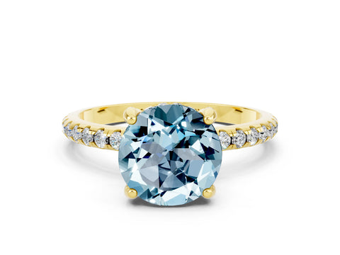Yellow gold Round Cut Diamond Solitaire Ring with Four-Prong Setting and Pavé Band