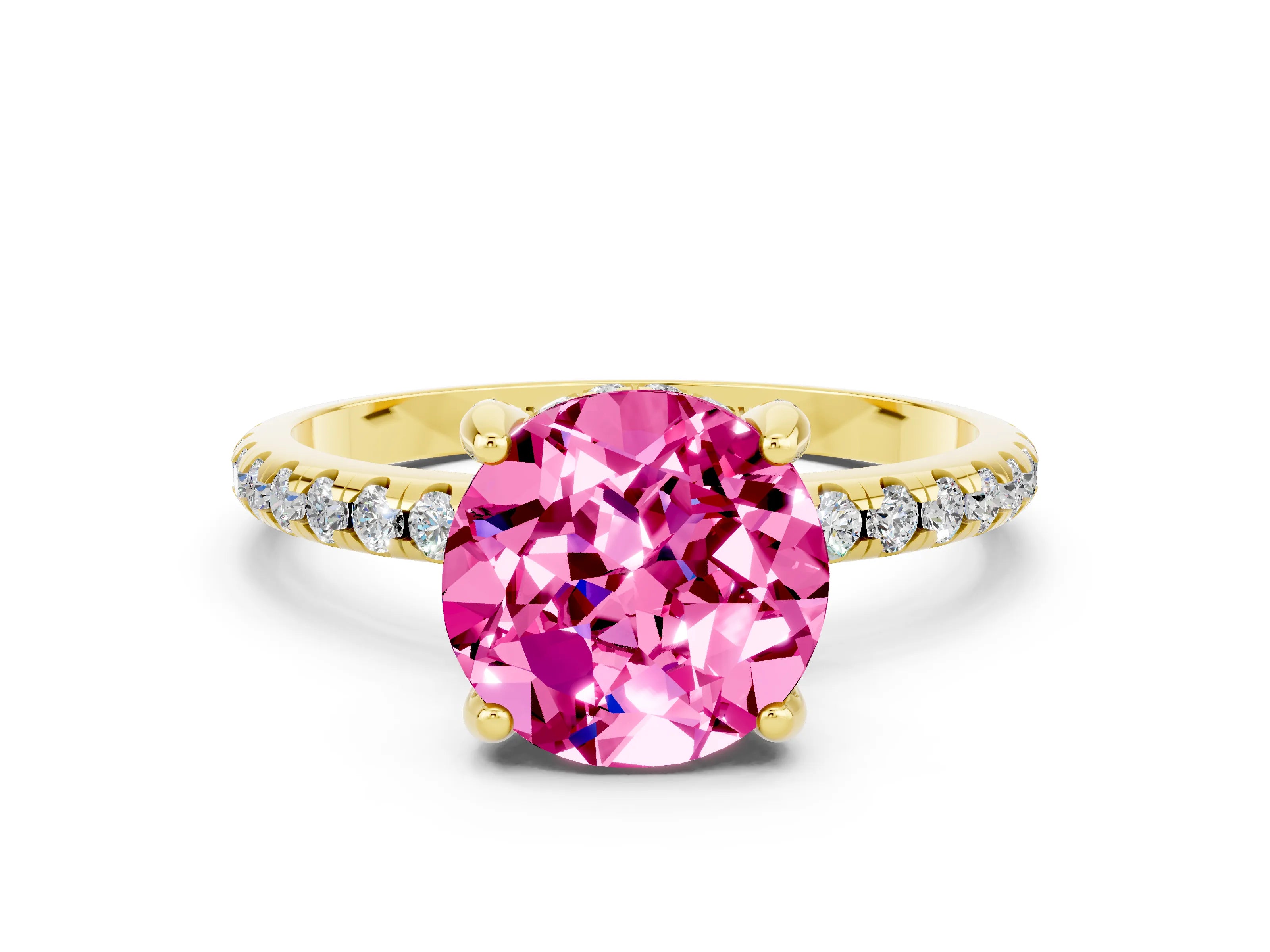 Yellow gold Round Cut Diamond Solitaire Ring with Four-Prong Setting and Pavé Band