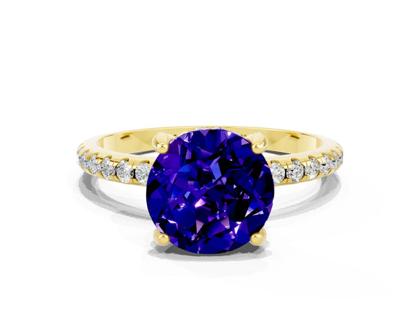 Yellow gold Round Cut Tanzanite Hidden Halo Engagement Ring with Round Pavé Band and Prong Setting