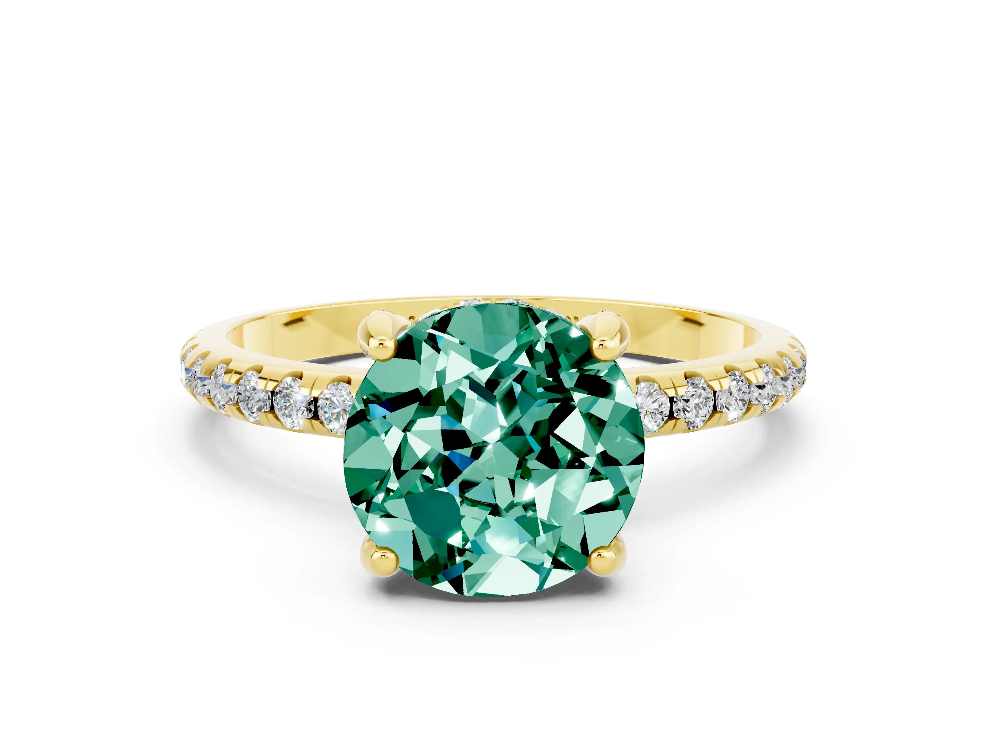 Yellow gold Round Cut Diamond Solitaire Ring with Four-Prong Setting and Pavé Band