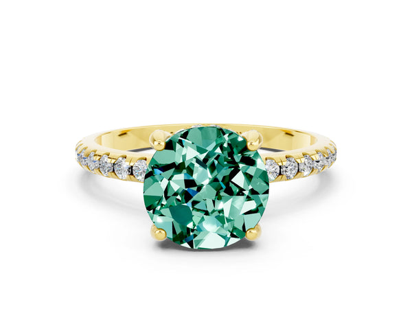 Yellow gold Round Cut Green Sapphire Hidden Halo Engagement Ring with Round Pavé Band and Prong Setting