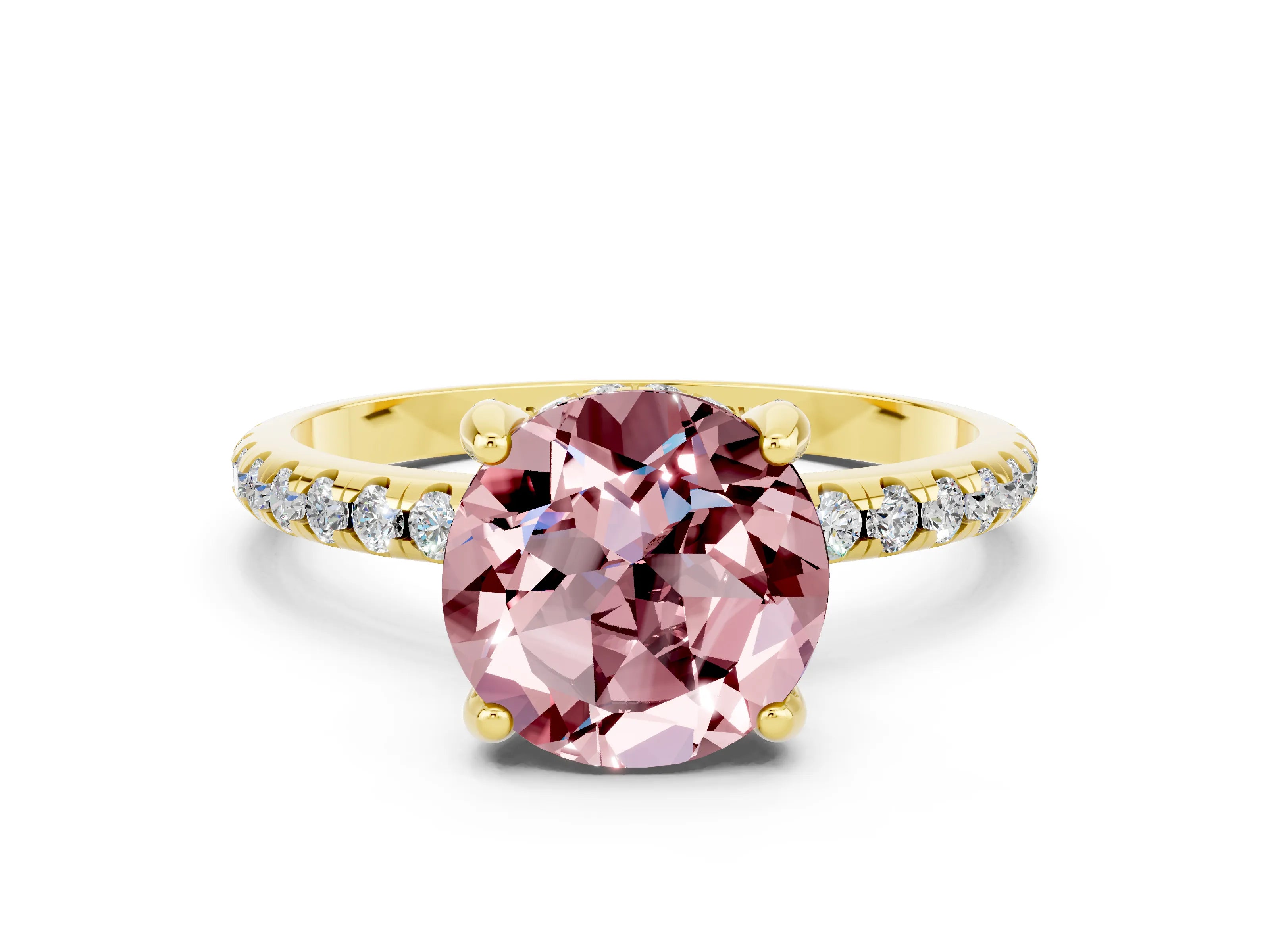 Yellow gold Round Cut Diamond Solitaire Ring with Four-Prong Setting and Pavé Band
