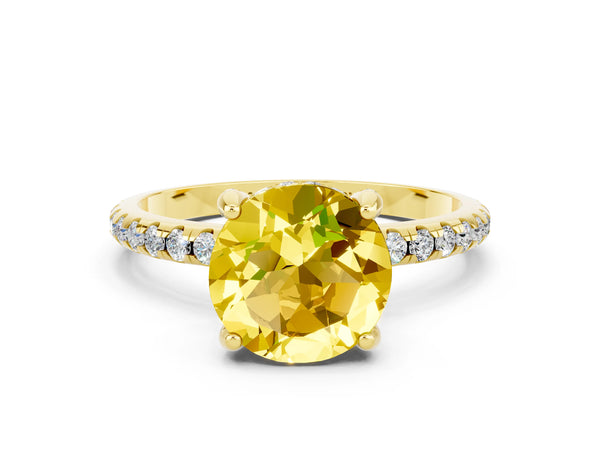 Yellow gold Round Cut Yellow Sapphire Hidden Halo Engagement Ring with Round Pavé Band and Prong Setting