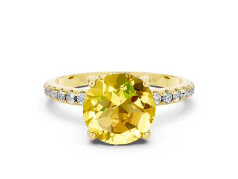 Yellow gold Round Cut Diamond Solitaire Ring with Four-Prong Setting and Pavé Band