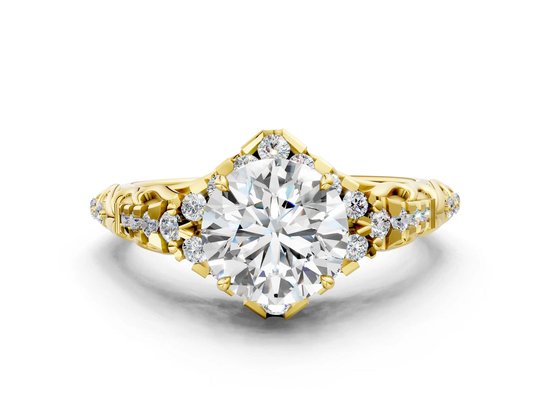 Yellow gold Round Cut Diamond Solitaire Ring with Hidden Halo and Pavé Band_33