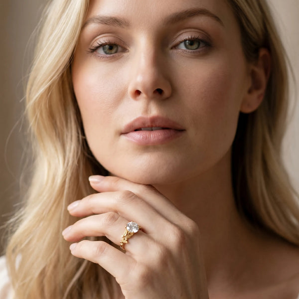 Yellow Gold Round Leaf Motif Solitaire Engagement Ring Setting with Accented Shoulders
